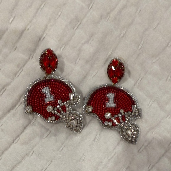 Red and Silver Beaded Football Earrings - Picture 1 of 1